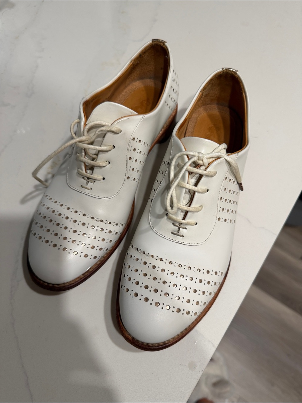 Women's White Perforated Leather Lace-Up Flats